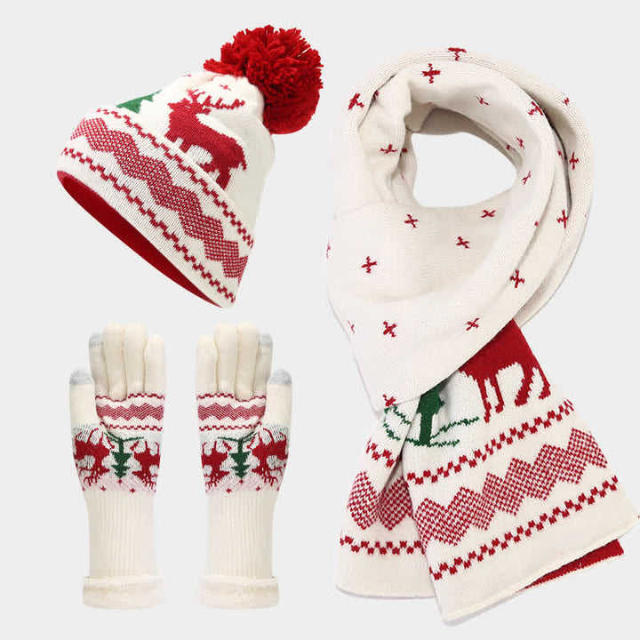 3-teiliger Set aus Mütze, Schal und Handschuhen mit Rentier- und Baum-Jacquardmuster für Damen