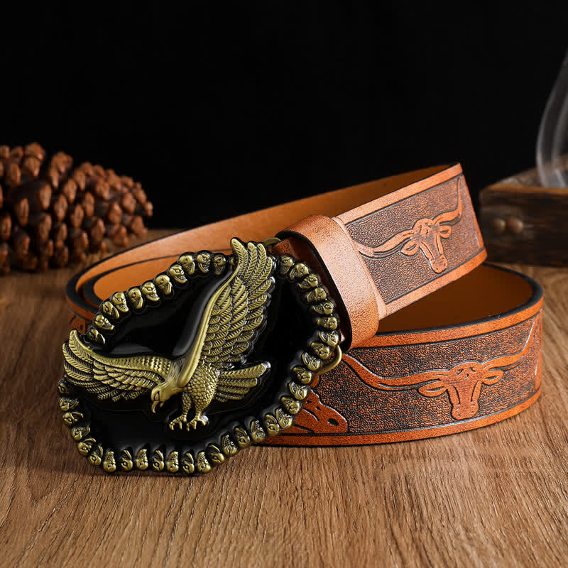 Ledergürtel mit Antik-Gold-Adler-Motiv für Herren