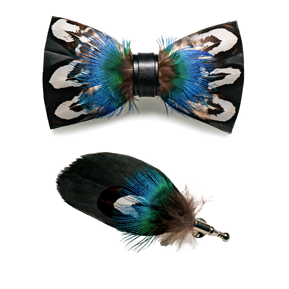 Blaue & Schwarze Edle Pfauenfeder Fliege mit Reversnadel