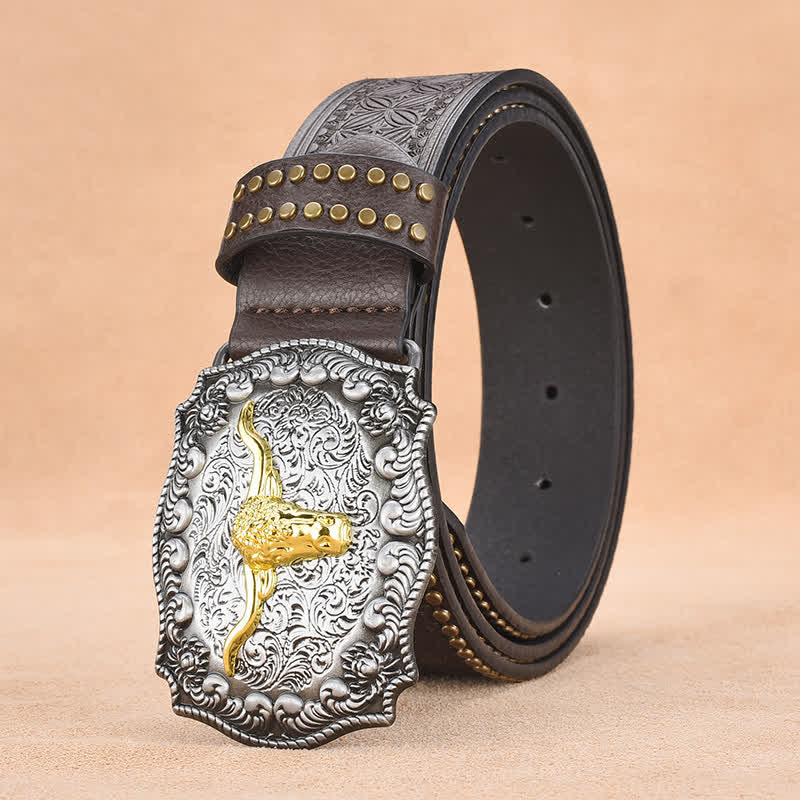 Herrengürtel aus goldenem Longhorn-Bullenleder mit Punknieten