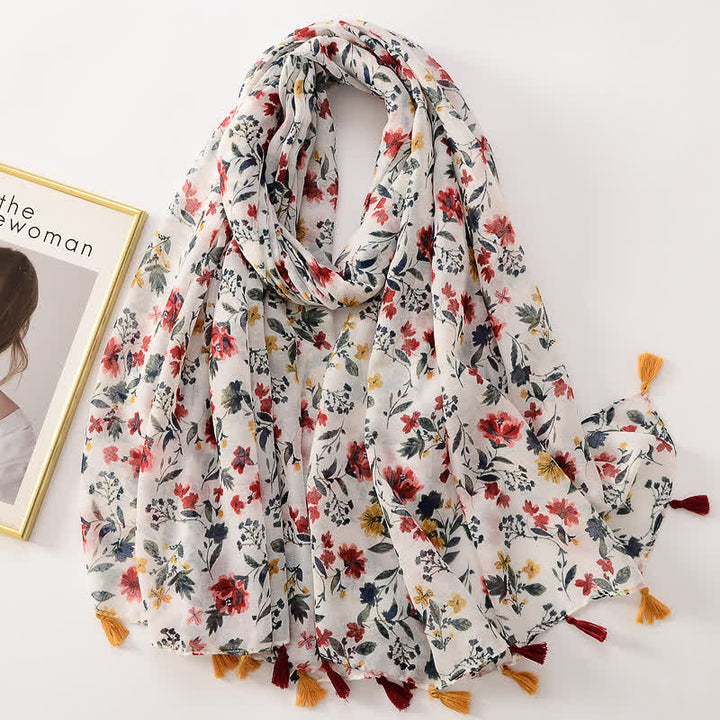 Dünner, hübscher Schal mit Schmetterlings- und Blumenmuster und Quasten für Frauen