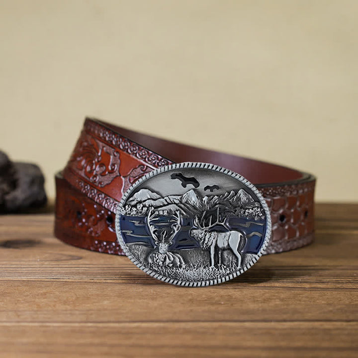 DIY-Ledergürtel mit Emaille-Wild Life-Hirschschnalle für Herren