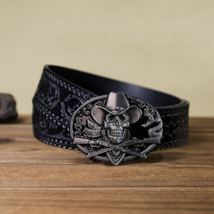 Herren DIY Totenkopf mit gekreuzten Pistolen Schnalle Leder Gürtel
