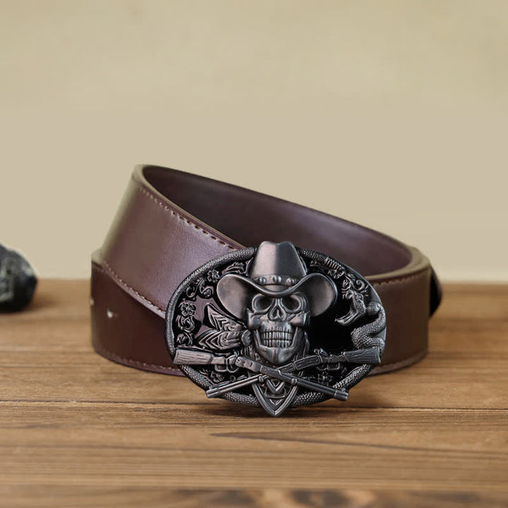Herren DIY Totenkopf mit gekreuzten Pistolen Schnalle Leder Gürtel