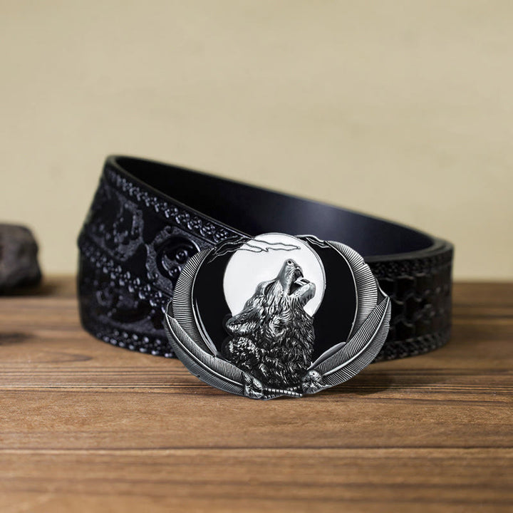 Herren DIY Heulender Wolf Mond Oval Schnalle Ledergürtel