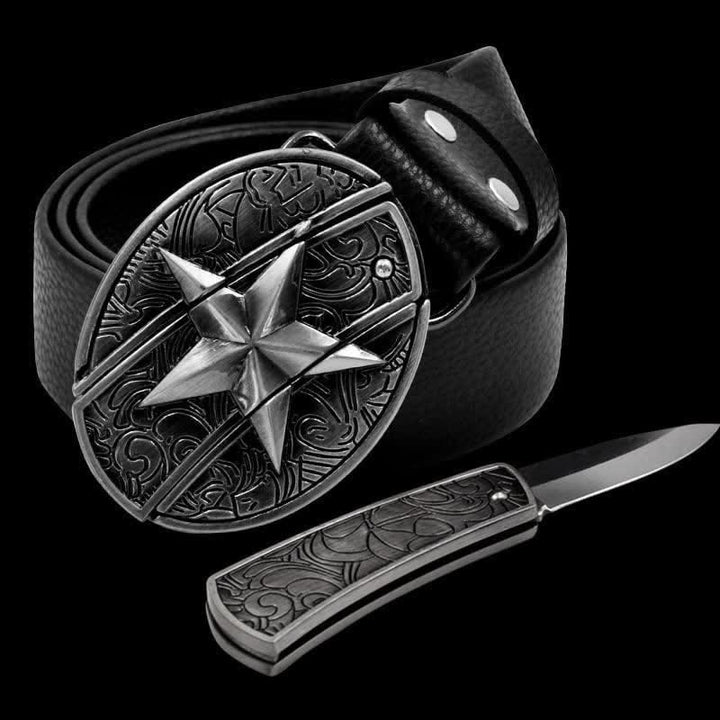 Herren Alone Pentagramm Ledergürtel mit Klappmesser