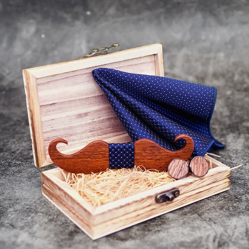 3tlg. Set aus Holzfliegen mit Schnurrbart für Herren