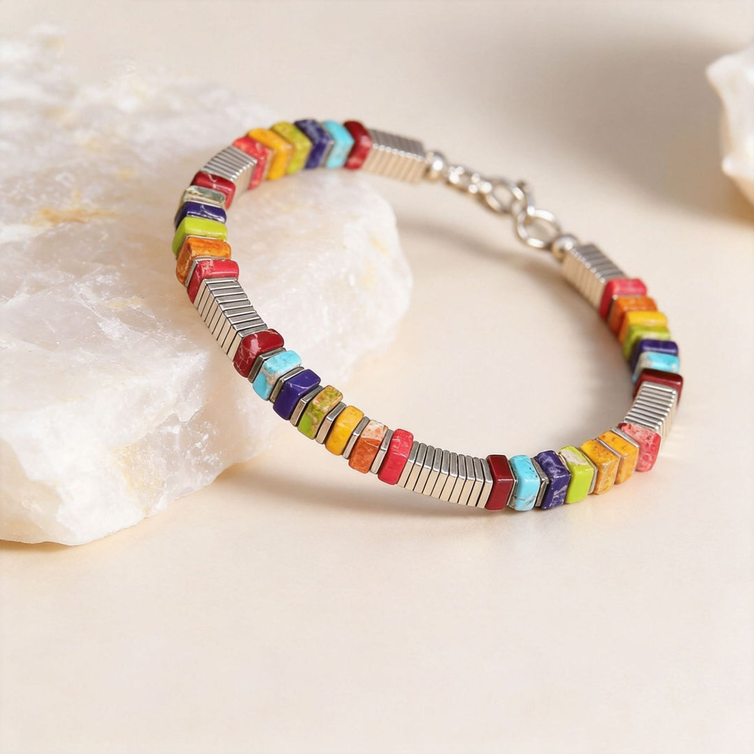 Vintage Boho Rechteckiges Mehrfarbiges Kaiserstein-Silberfarbenes Gliederarmband - Mehrfarbig #1 - image 0