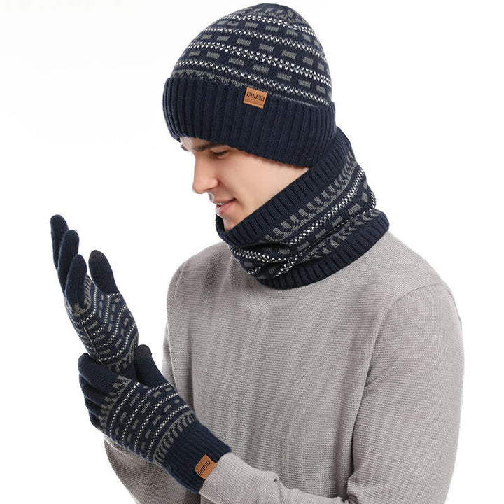 3-tlg. Set aus lockerer, doppellagiger Strickmütze, Schal und Handschuhen