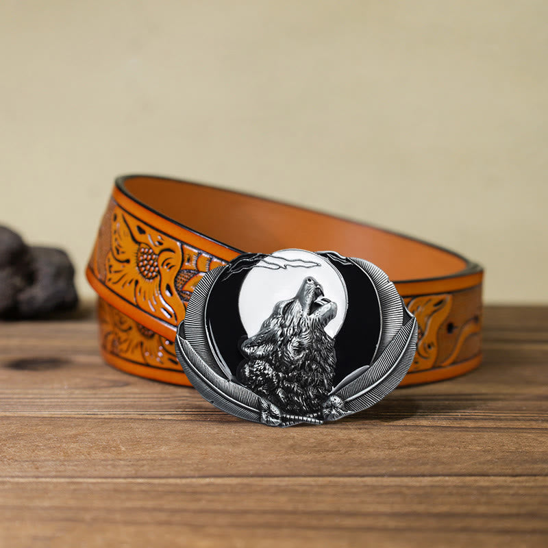 Herren DIY Heulender Wolf Mond Oval Schnalle Ledergürtel