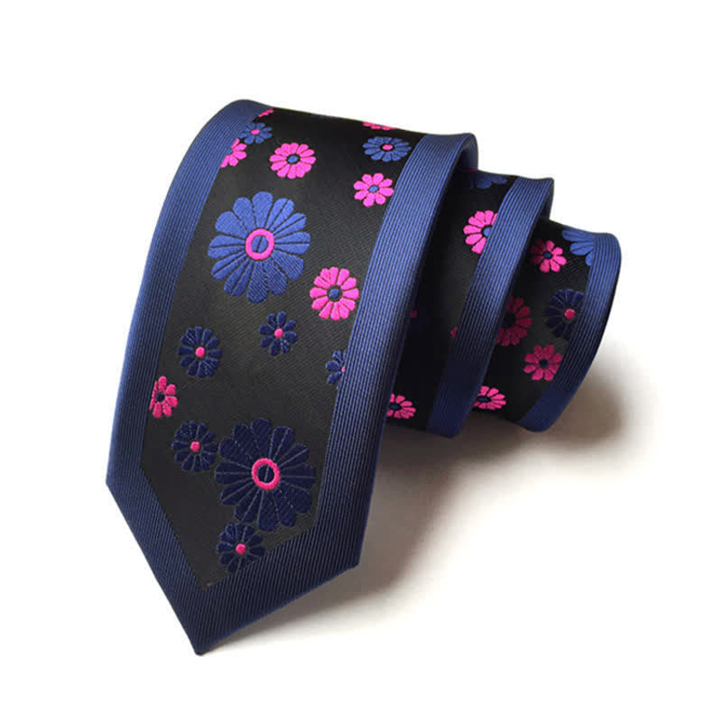 Schlichte schmale Krawatte mit Gänseblümchen-Muster für Herren - Marineblau & Rosa - image 2
