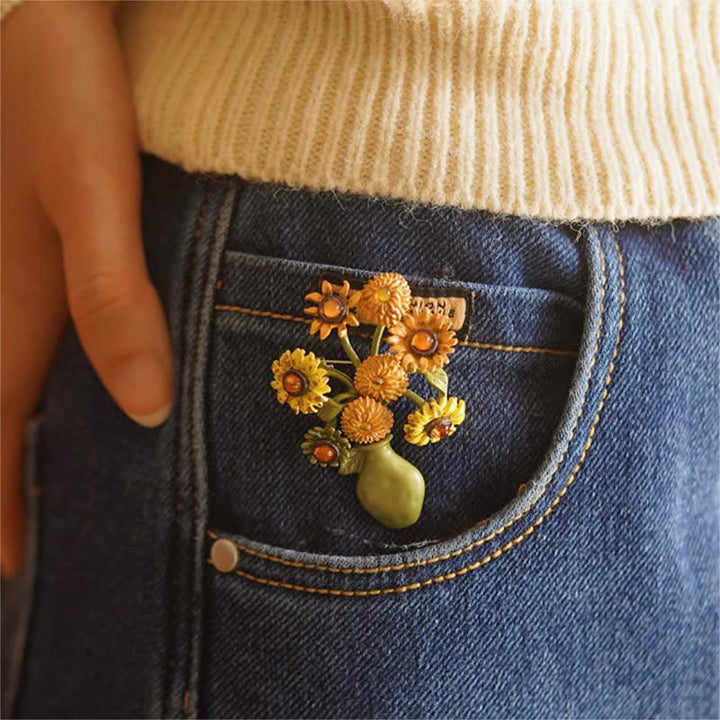 Frauen Emaille Sonnenblumen Vase Brosche