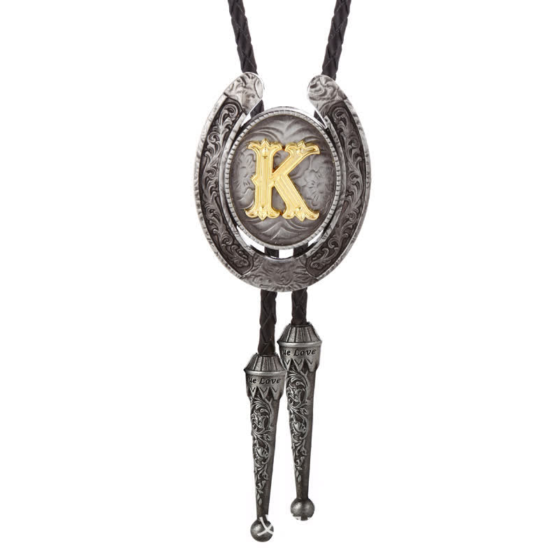 Moderne Western-Hufeisen Anfänglicher Buchstabe A bis Z Bolo Tie - Silber - K - image 40