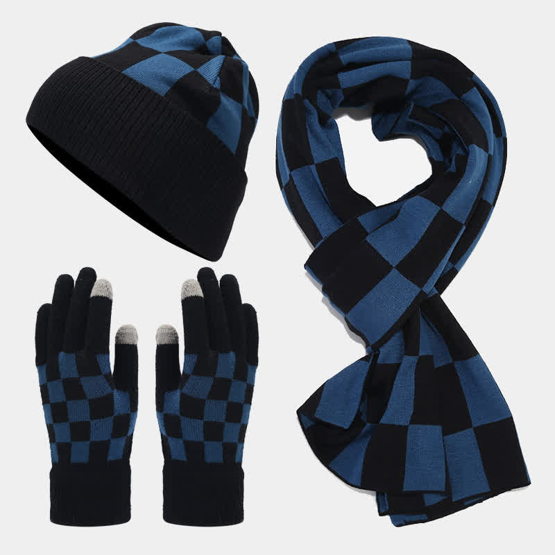 3-teiliges Unisex-Schachbrettmuster Mützen-Schal-Handschuh-Set