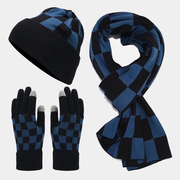 3-teiliges Unisex-Schachbrettmuster Mützen-Schal-Handschuh-Set