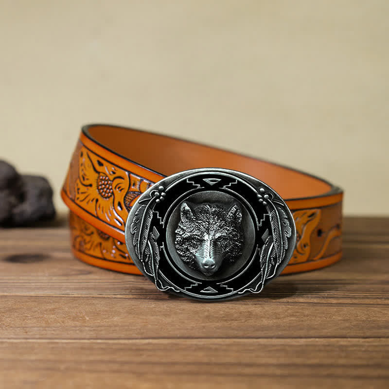 Herren DIY Lebendige Wolfskopf-Schnalle Ledergürtel
