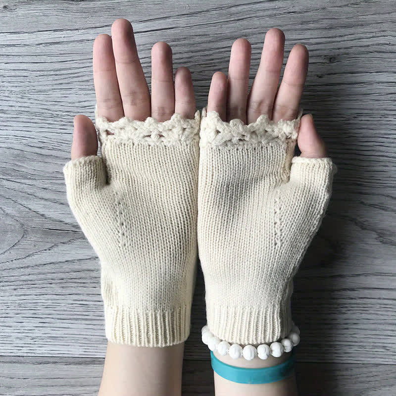 Damen Halbfinger-Strickhandschuhe mit Blumenstickerei