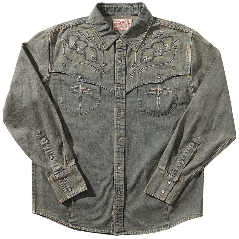 Gambler – Besticktes Western-Cowboyhemd aus gewaschenem Denim - Jeansblau - 3XL - image 1
