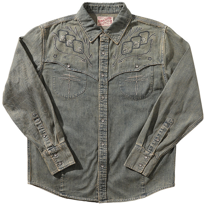 Gambler – Besticktes Western-Cowboyhemd aus gewaschenem Denim - Jeansblau - 3XL - image 1