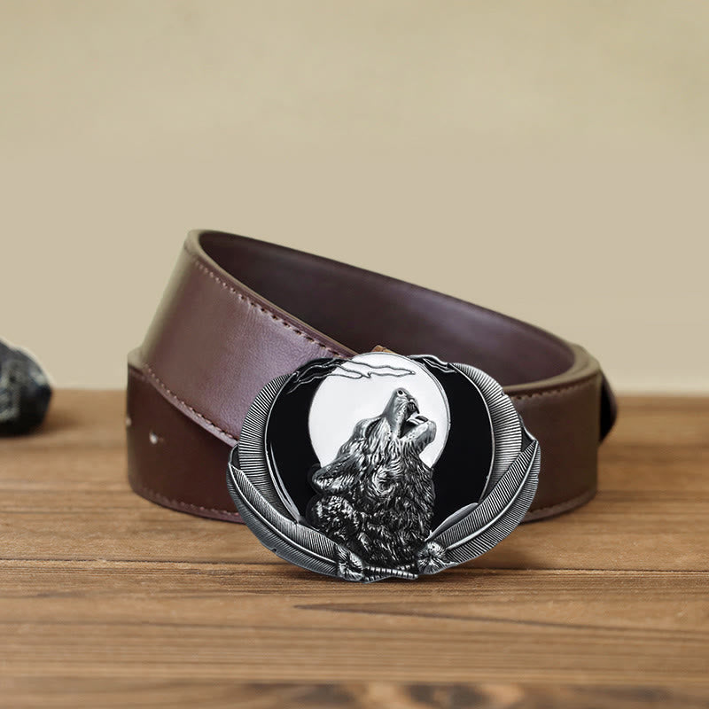 Herren DIY Heulender Wolf Mond Oval Schnalle Ledergürtel