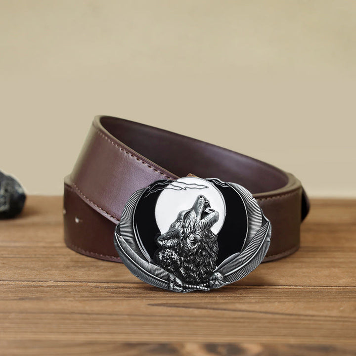 Herren DIY Heulender Wolf Mond Oval Schnalle Ledergürtel