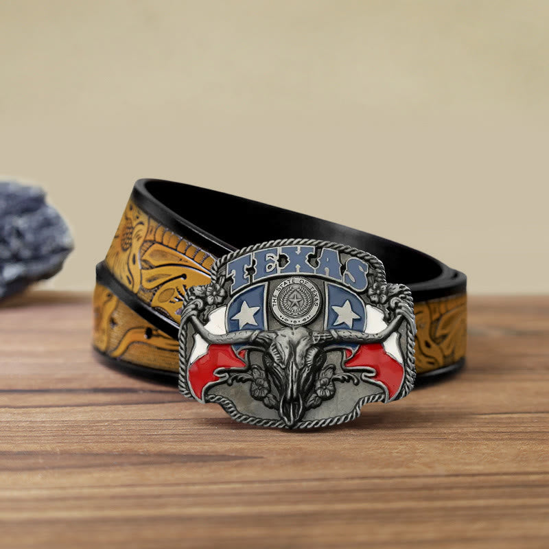 Herren DIY Texas-Flagge Langhorn-Stier Schnallenledergürtel