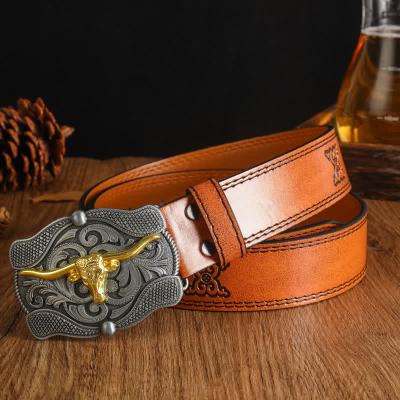 Herren quadratischer Gürtel aus goldenem Longhorn-Bullenleder