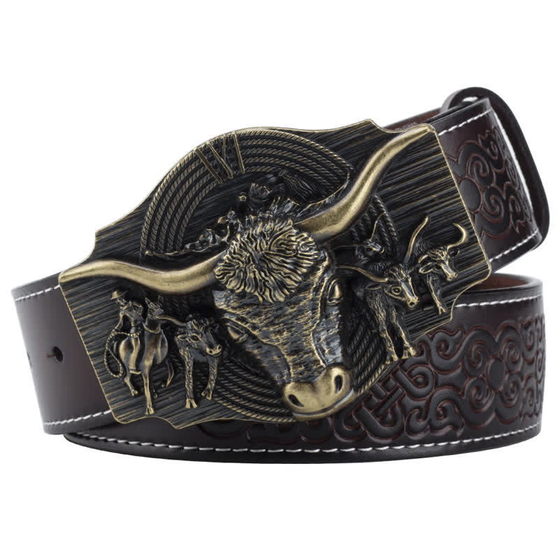 Herrengürtel aus Leder mit Longhorn-Bull-Prägung - Kaffee / Bronze - 46 - image 11