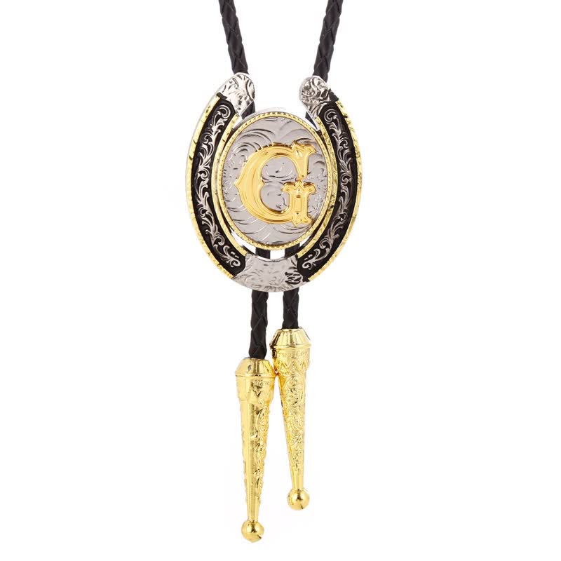 Moderne Western-Hufeisen Anfänglicher Buchstabe A bis Z Bolo Tie - Gold - G - image 10