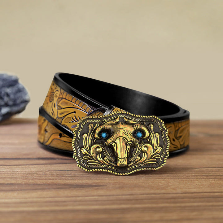 Men's DIY Goat Skull Turquoise Buckle Leder Gürtel
