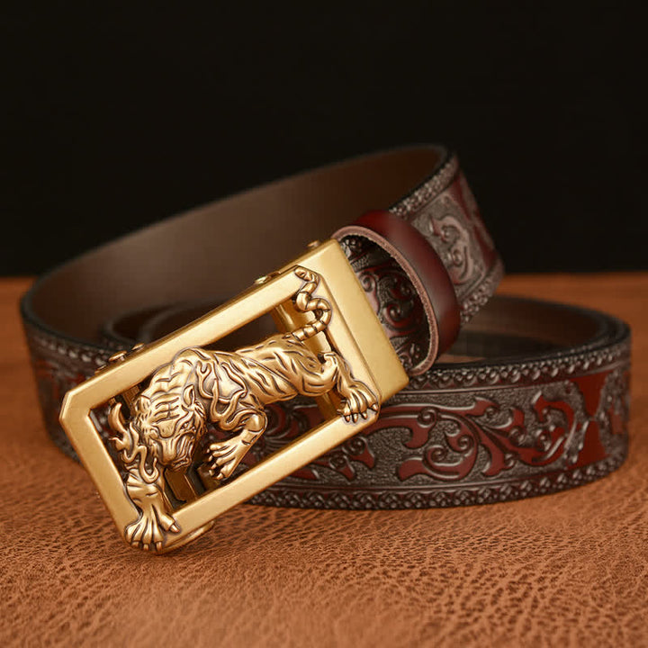 Herren Gürtel mit Tiger-Schließe und Blumenmuster