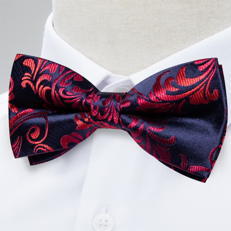 2er Pack Rote &amp; Marineblaue Blumen Fliege und Einstecktuch Set für Herren