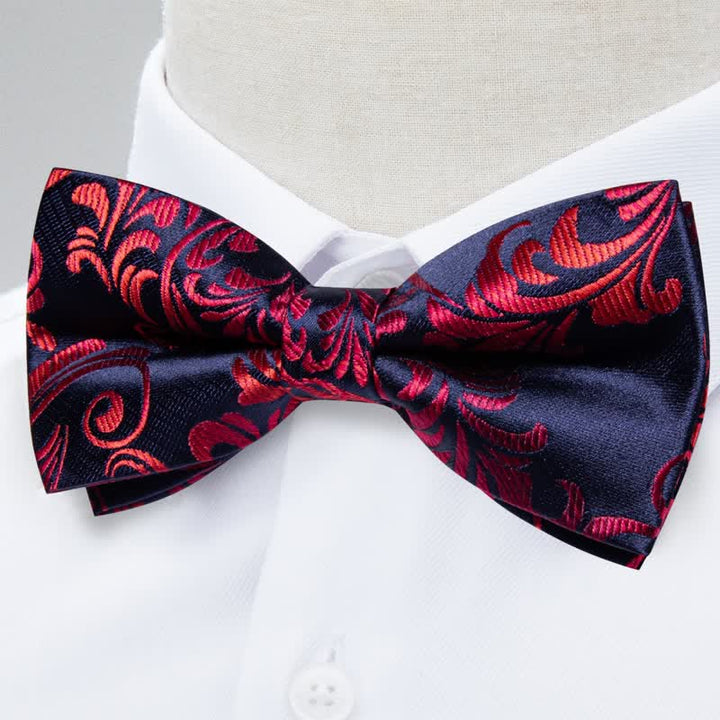 2er Pack Rote &amp; Marineblaue Blumen Fliege und Einstecktuch Set für Herren