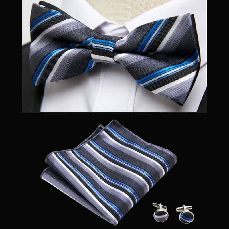 3er Set Klassische Gestreifte Fliege und Einstecktuch für Männer - Grau & Blau - image 0