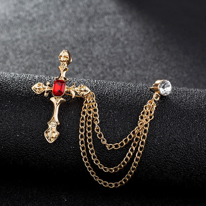 Klassische Kreuz-Kristallketten-Brosche für Männer - Gold & Rot - image 7