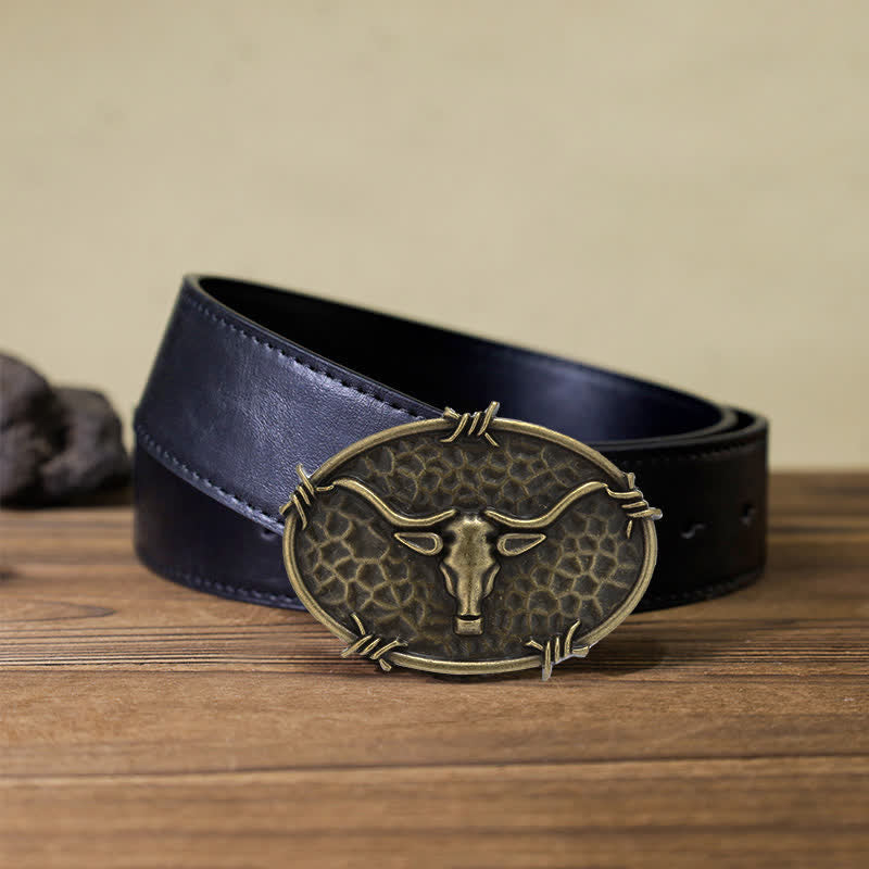 Herren DIY Cowboy Bullenkopf gehämmerte Schnalle Ledergürtel