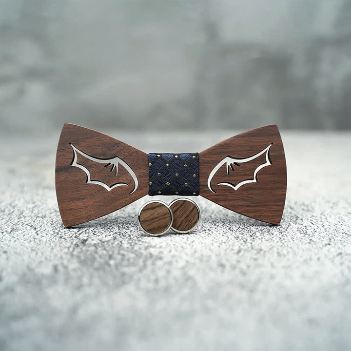 3-teiliges Set, Herren Fliegen aus Holz mit Dämonenflügeln