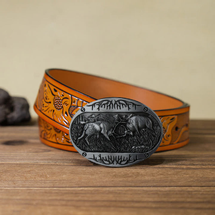 Herren DIY Wild Fighting Deer Schnalle Western Leder Gürtel