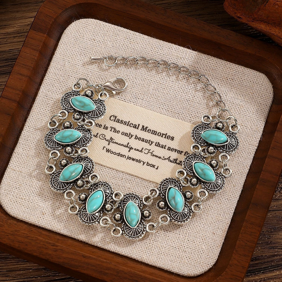 Vintage Boho Armband aus getürkisfarbenem, antiksilbernem, geschnitztem Gliederarmband im Marquise-Stil - Hellgrün - image 7