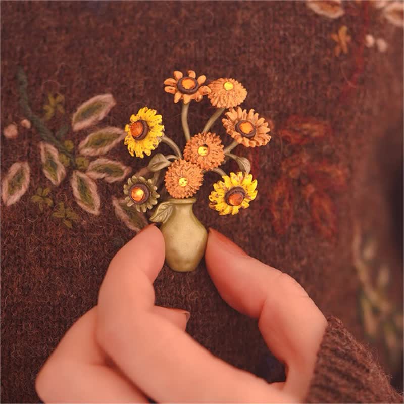 Frauen Emaille Sonnenblumen Vase Brosche
