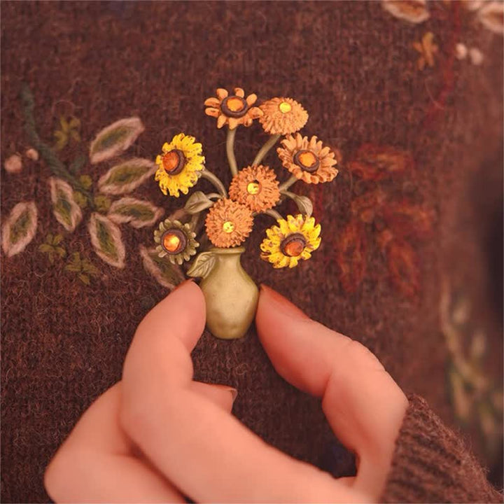 Frauen Emaille Sonnenblumen Vase Brosche