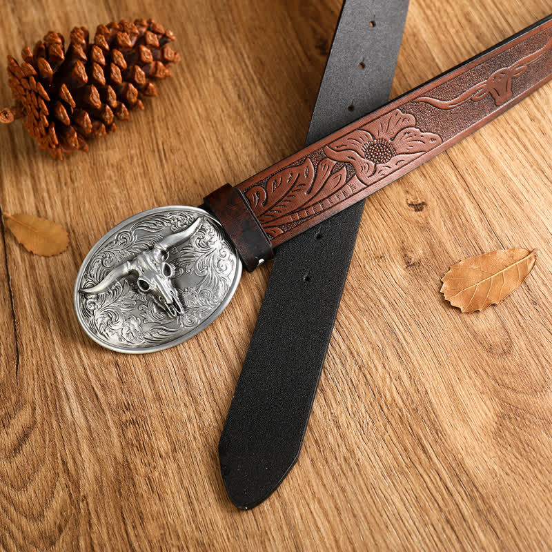 Vintage Herren Gürtel aus Leder mit floraler Longhorn-Stier-Prägung
