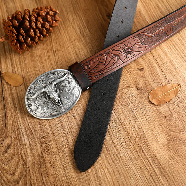 Vintage Herren Gürtel aus Leder mit floraler Longhorn-Stier-Prägung