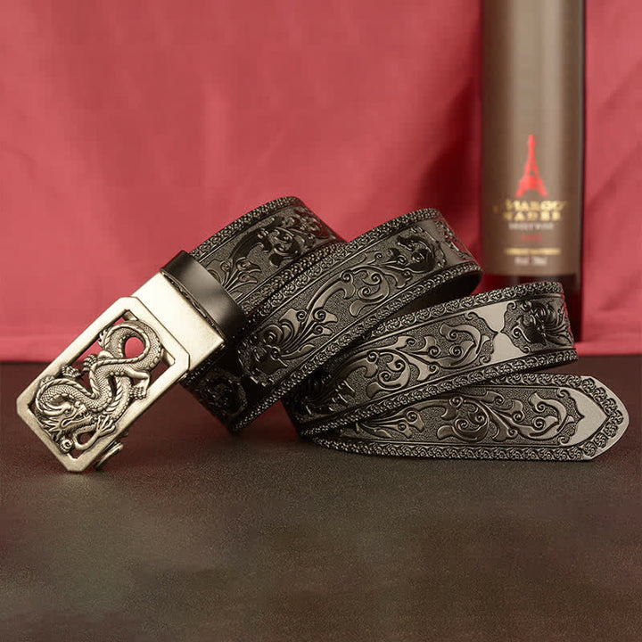 Buddha Stones Männer Gürtel mit geprägtem Drachenmuster aus Leder