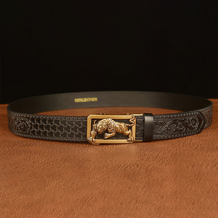 Herren Gürtel mit Tiger-Schließe und Blumenmuster