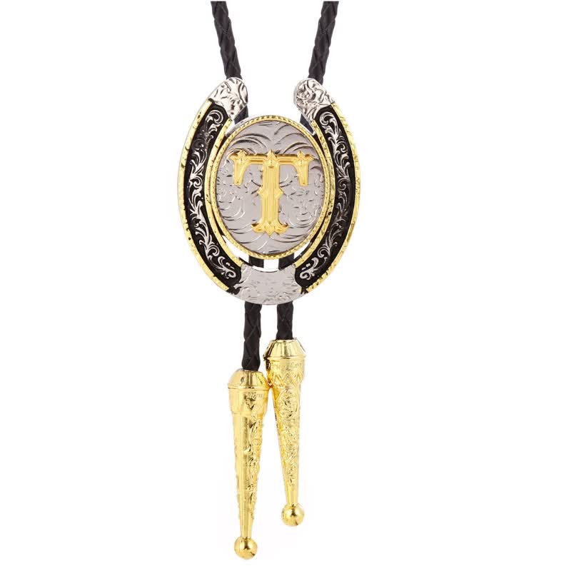 Moderne Western-Hufeisen Anfänglicher Buchstabe A bis Z Bolo Tie - Gold - T - image 23