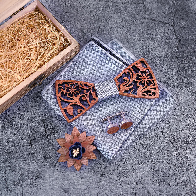 4-teiliges Herren-Set mit hohlen, floralen Holzfliegen