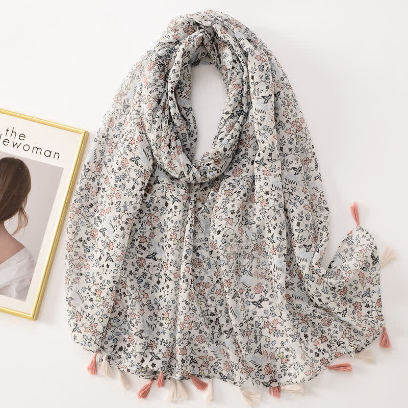 Dünner, hübscher Schal mit Schmetterlings- und Blumenmuster und Quasten für Frauen