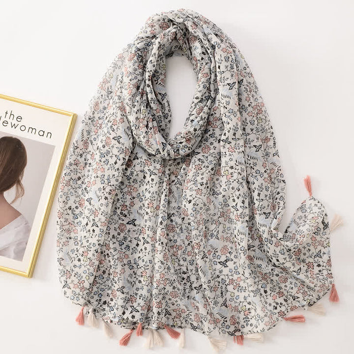 Dünner, hübscher Schal mit Schmetterlings- und Blumenmuster und Quasten für Frauen