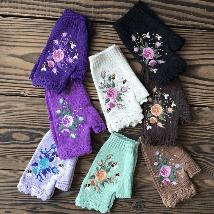 Damen Halbfinger-Strickhandschuhe mit Blumenstickerei